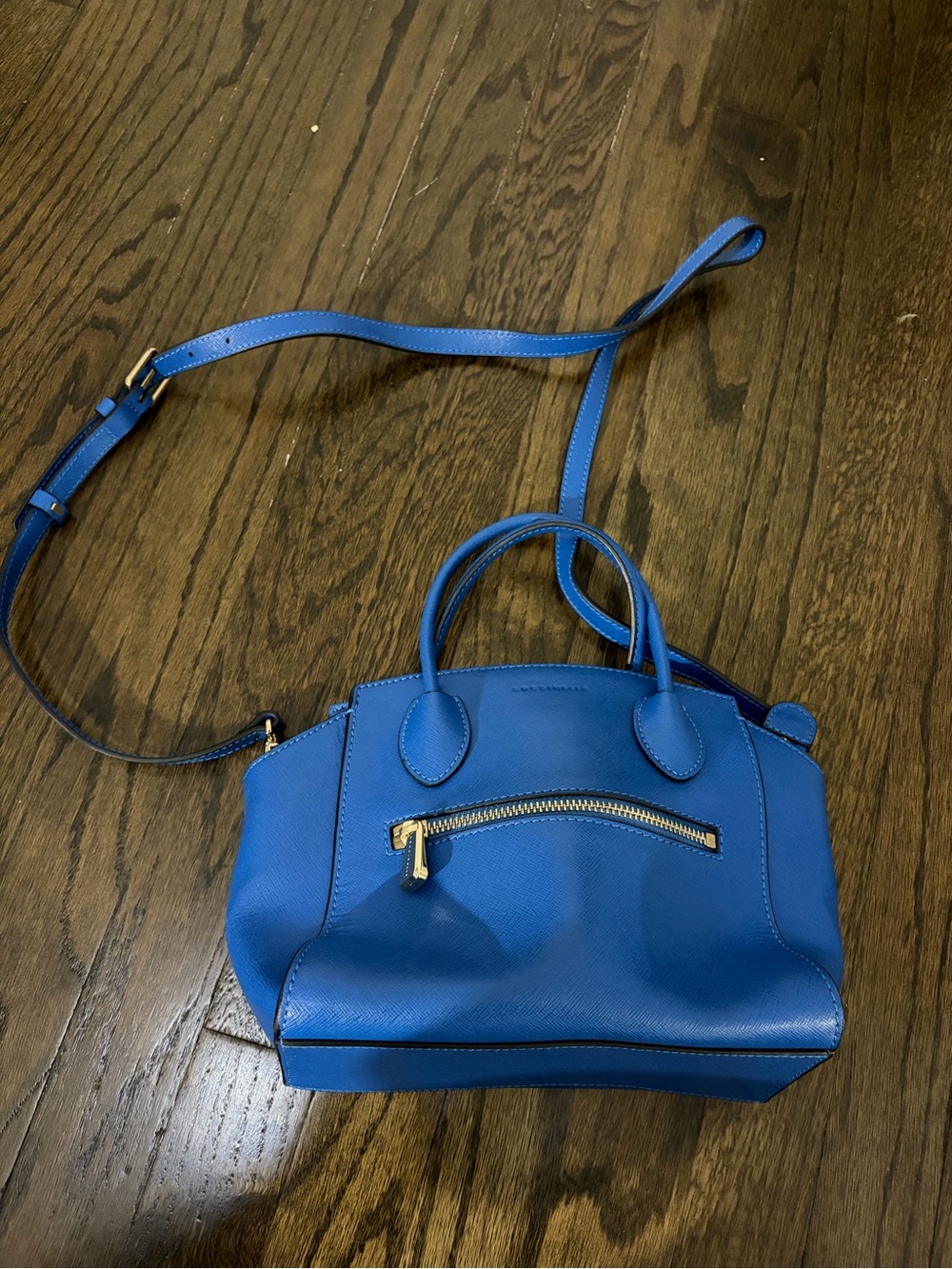 Compact Blue Crossbody Satchel with Gold Zip Accent